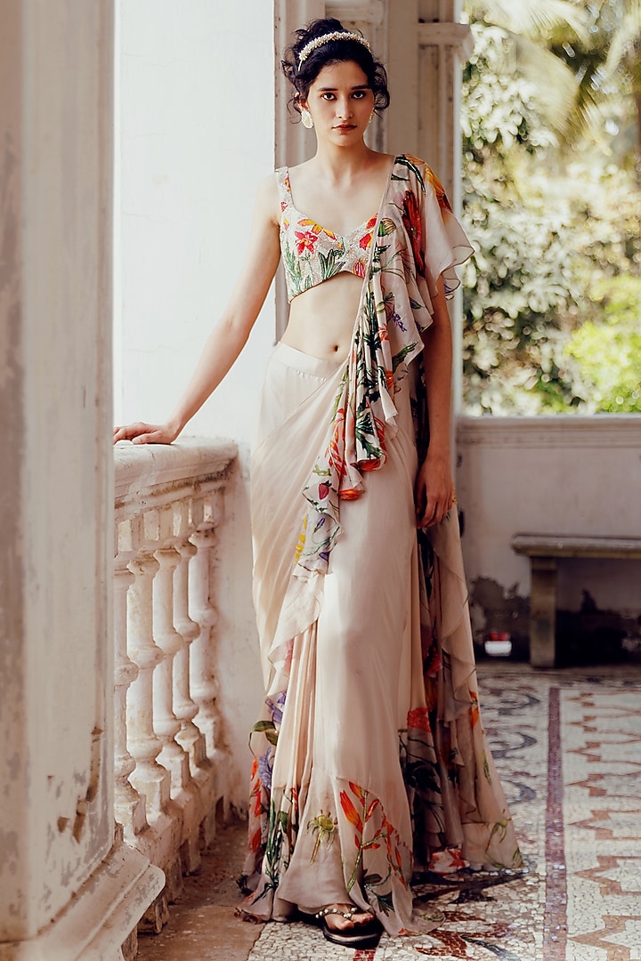 Beige Tabby Silk Printed Ruffled Wedding Saree Set by 17:17 at Pernia's Pop Up Shop