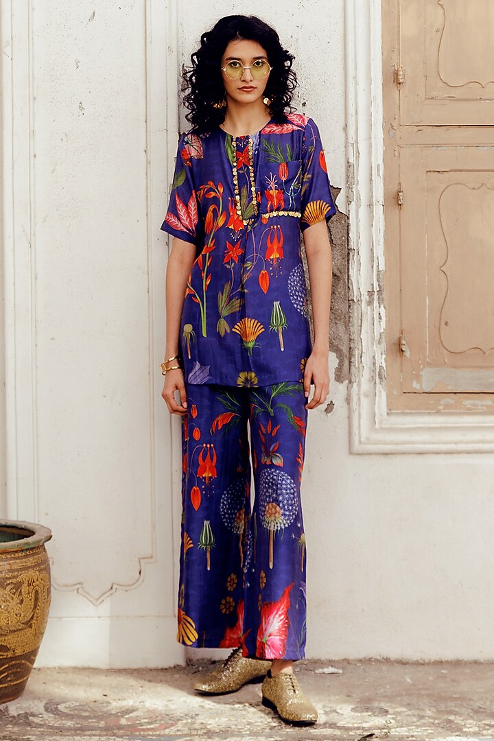Blue Chanderi Printed Co-Ord Set by 17:17 at Pernia's Pop Up Shop