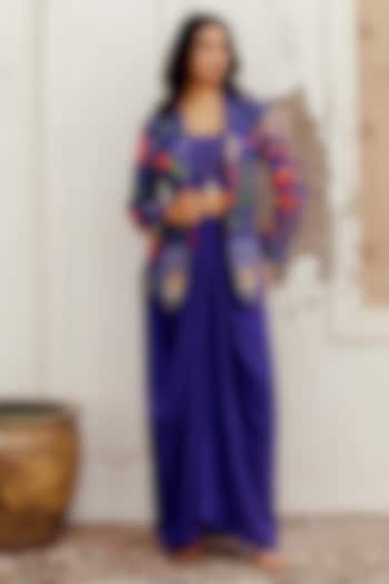 Blue Chanderi Printed & Embroidered Blazer Set by 17:17 at Pernia's Pop Up Shop