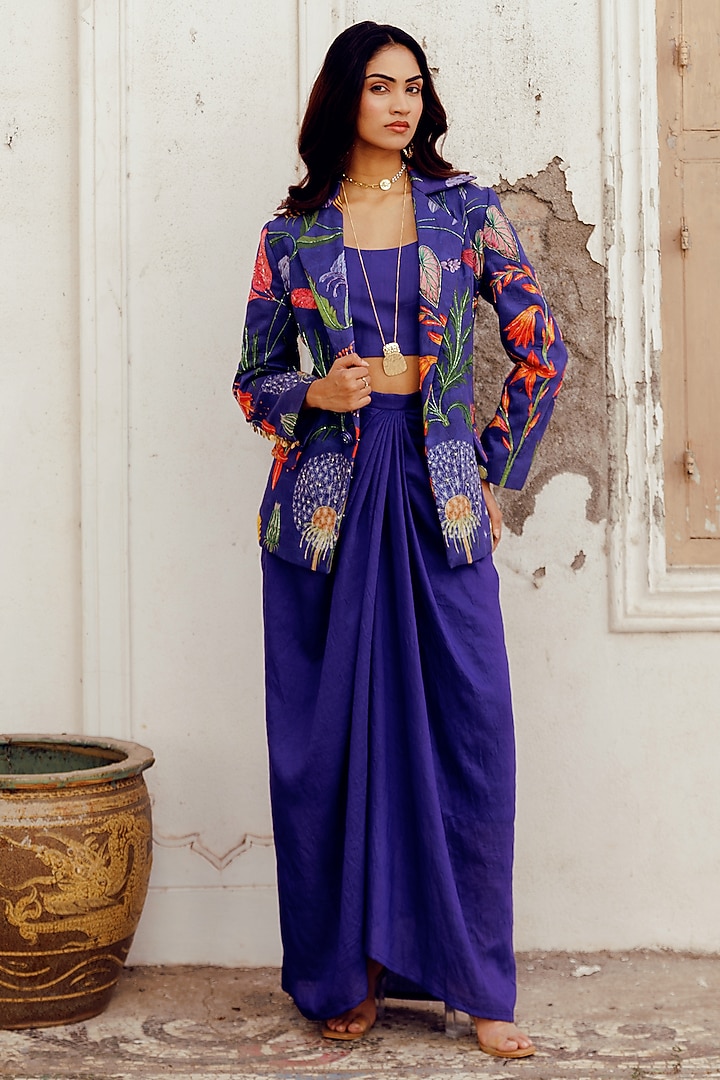 Blue Chanderi Printed & Embroidered Blazer Set by 17:17 at Pernia's Pop Up Shop