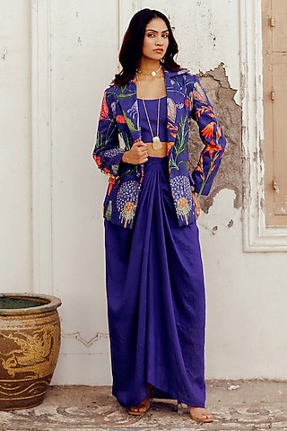 Blue Chanderi Printed & Embroidered Blazer Set by 17:17