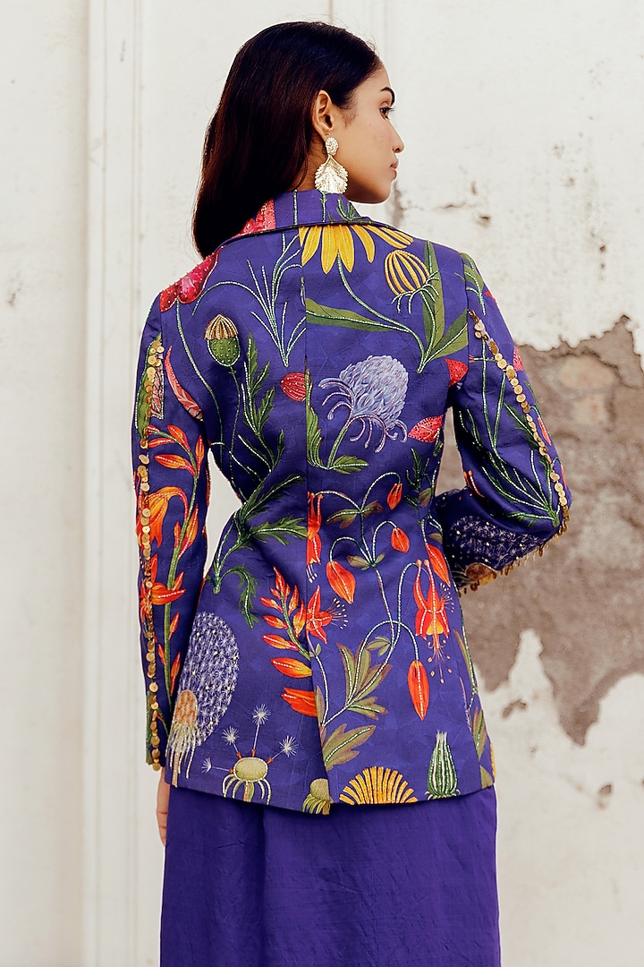 Blue Chanderi Printed & Embroidered Blazer Set by 17:17 at Pernia's Pop Up Shop