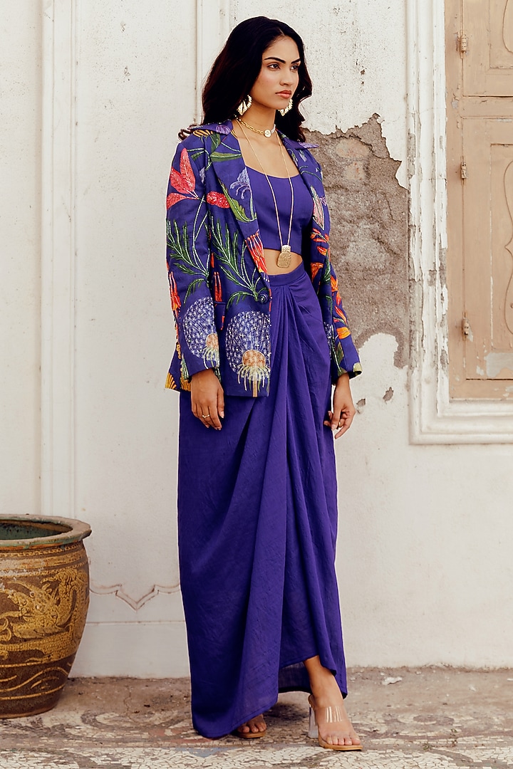 Blue Chanderi Printed & Embroidered Blazer Set by 17:17 at Pernia's Pop Up Shop