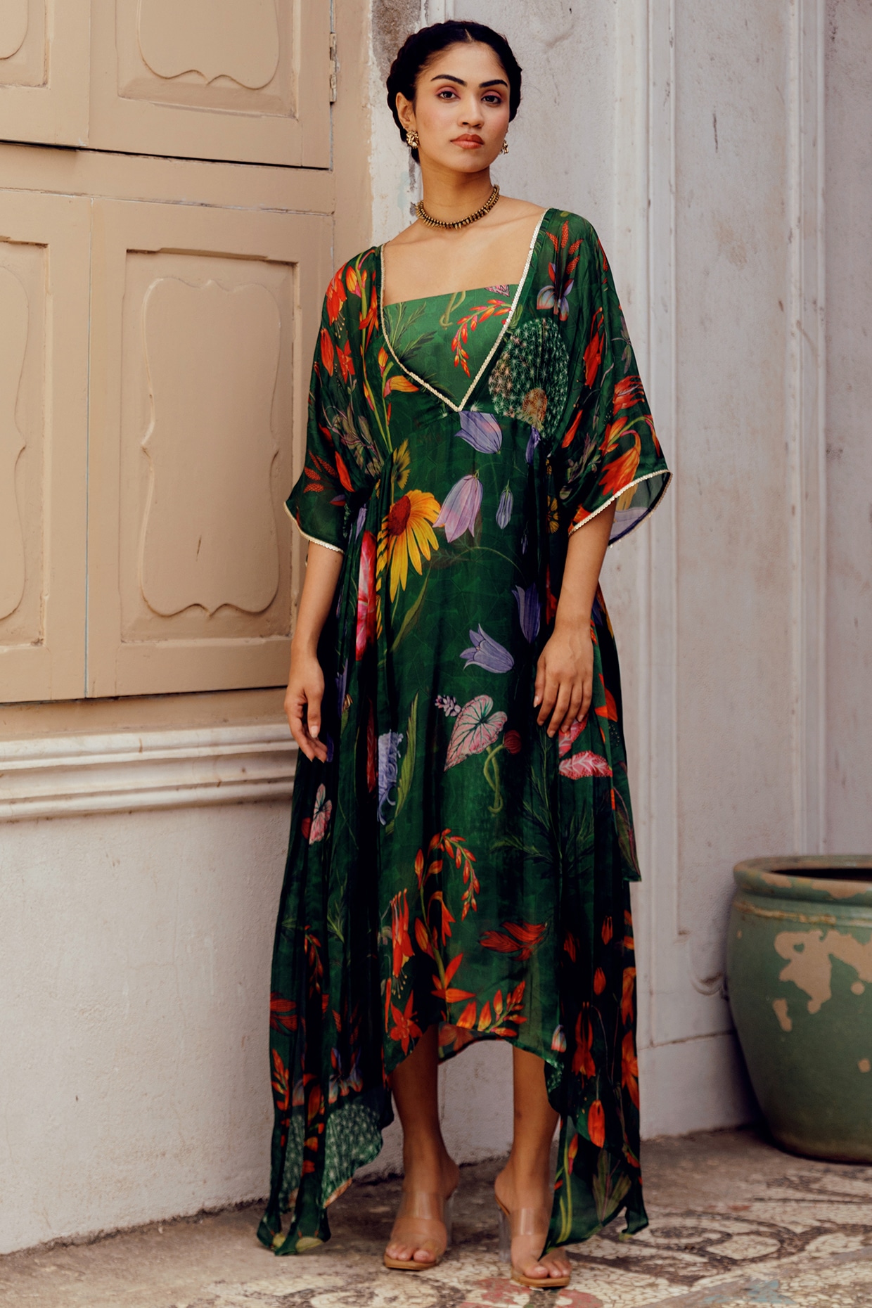 17:17 Green Tabby Silk Printed Kaftan