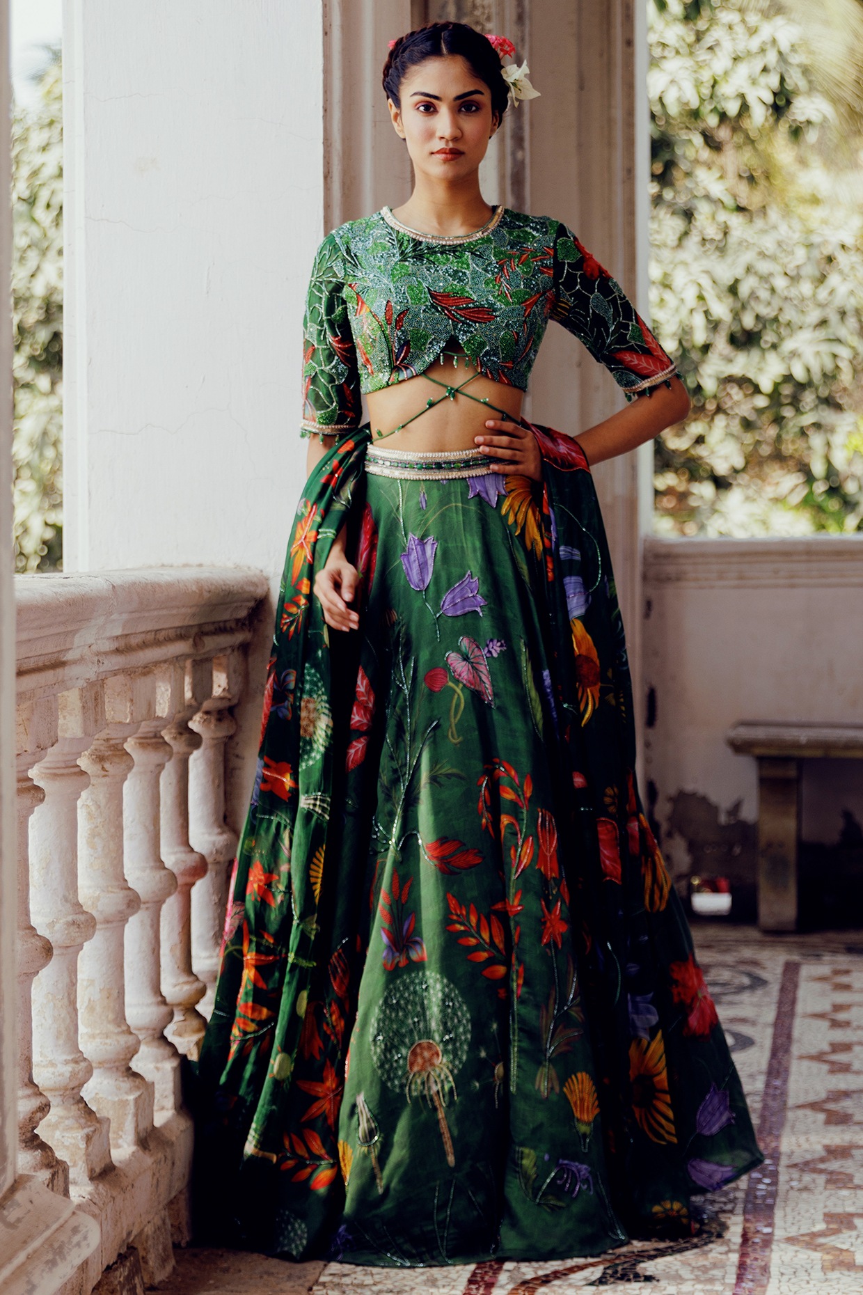 17:17 Green Tabby Silk Printed Lehenga Set