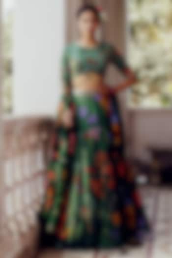 Green Tabby Silk Printed Wedding Lehenga Set by 17:17 at Pernia's Pop Up Shop