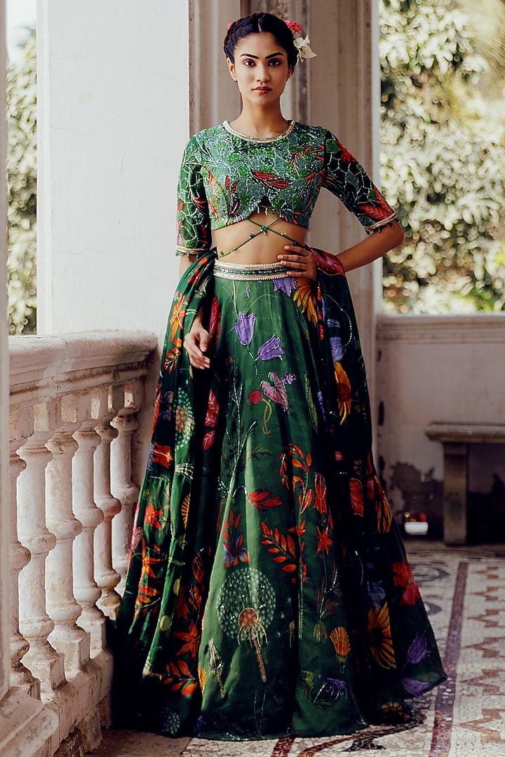 Green Tabby Silk Printed Wedding Lehenga Set by 17:17 at Pernia's Pop Up Shop
