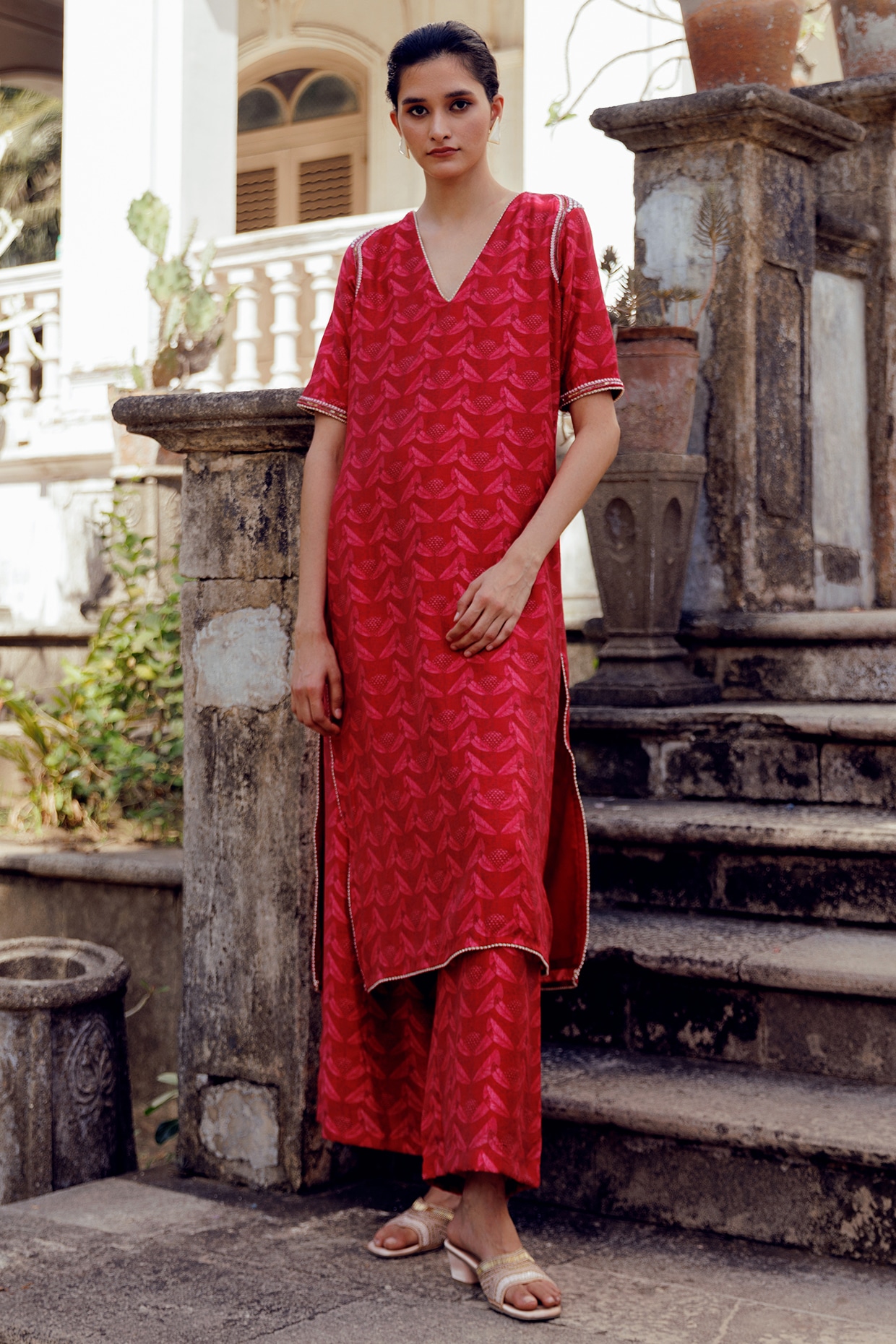 17:17 Maroon Chanderi Printed Kurta Set