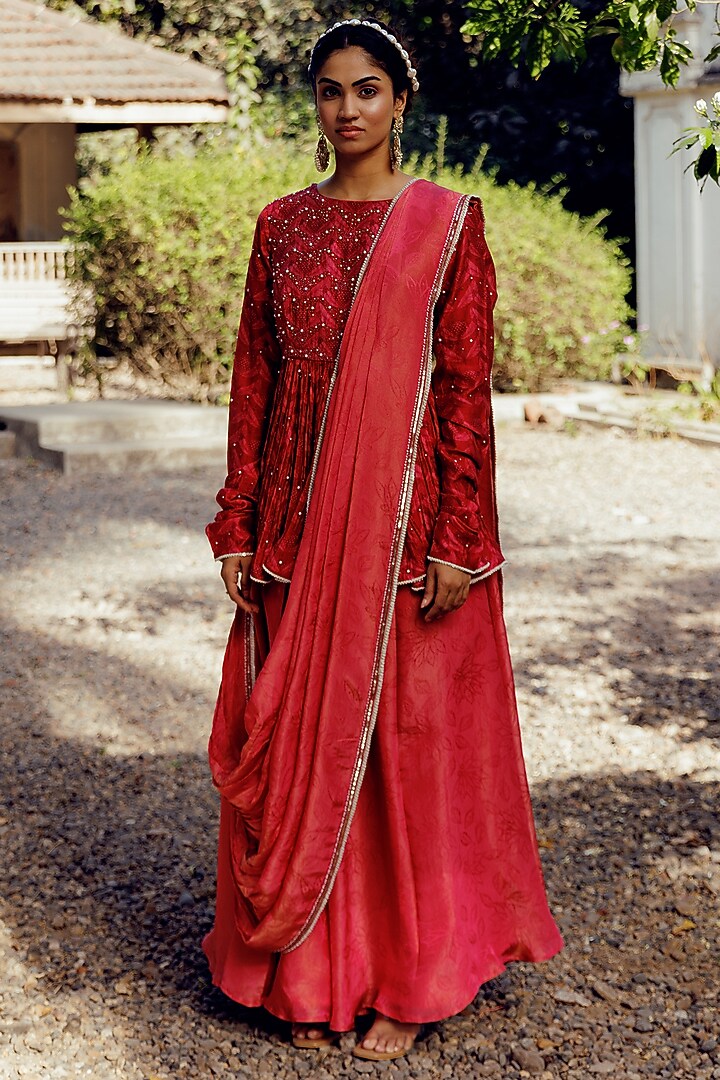 Maroon Shimmer Printed Gharara Set by 17:17 at Pernia's Pop Up Shop