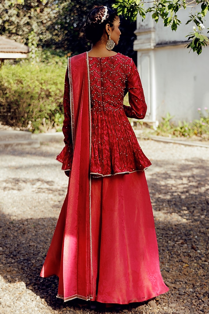 Maroon Shimmer Printed Gharara Set by 17:17 at Pernia's Pop Up Shop