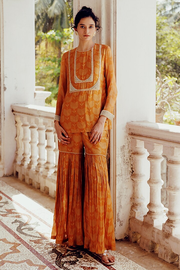 Rust Chanderi Printed Party Wear Sharara Set by 17:17 at Pernia's Pop Up Shop