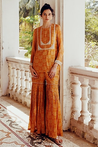 Rust Chanderi Printed Sharara Set by 17:17