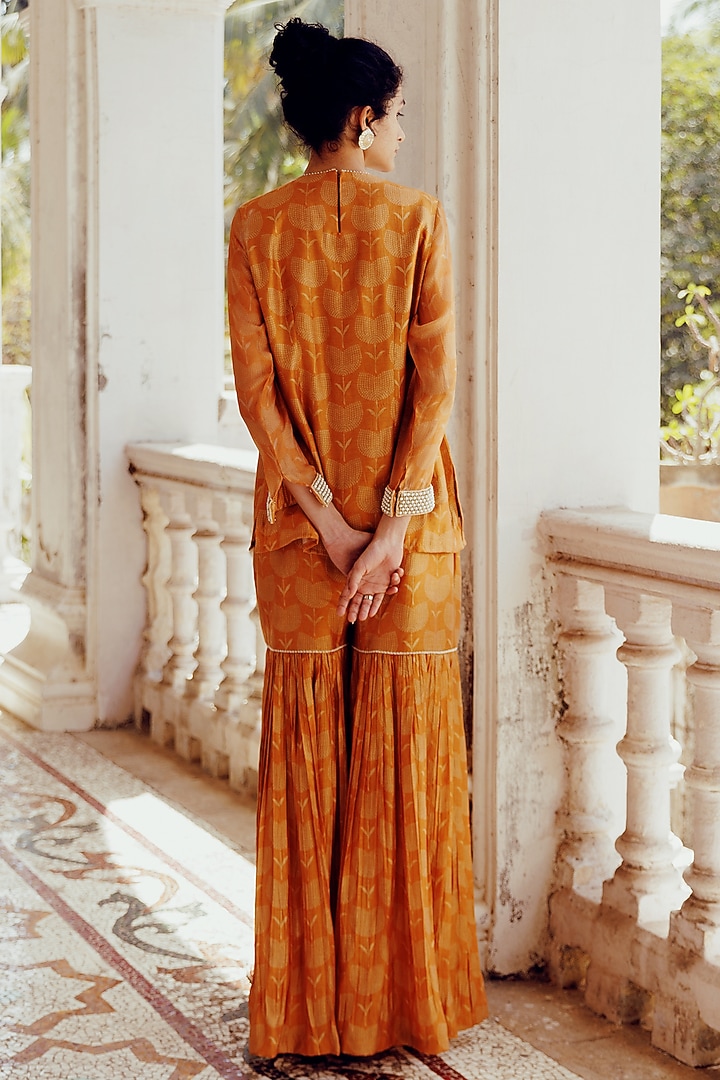 Rust Chanderi Printed Party Wear Sharara Set by 17:17 at Pernia's Pop Up Shop