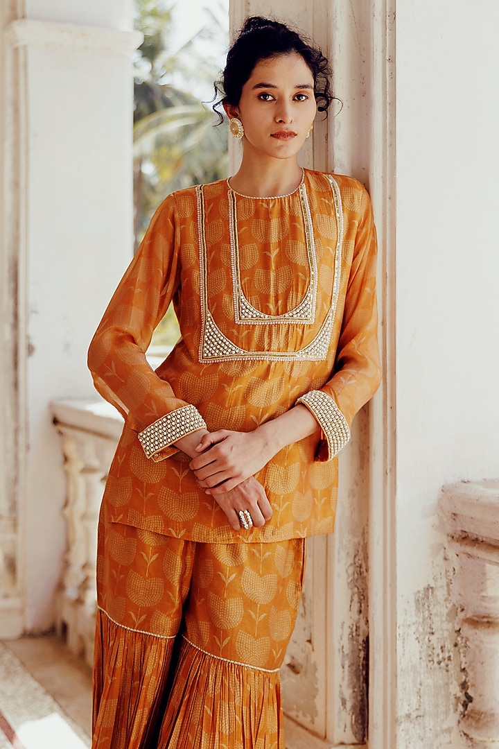 Rust Chanderi Printed Party Wear Sharara Set by 17:17 at Pernia's Pop Up Shop
