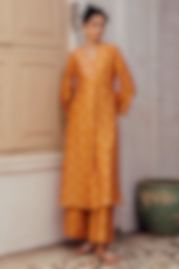 Rust Chanderi Printed Printed Kaftan Kurta Set by 17:17 at Pernia's Pop Up Shop