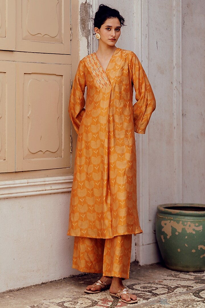 Rust Chanderi Printed Printed Kaftan Kurta Set by 17:17 at Pernia's Pop Up Shop