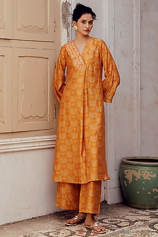 Rust Chanderi Printed Printed Kaftan Kurta Set by 17:17