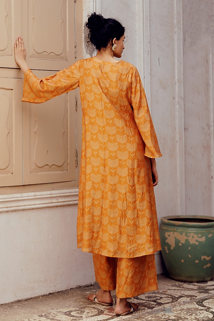 Rust Chanderi Printed Printed Kaftan Kurta Set by 17:17 at Pernia's Pop Up Shop