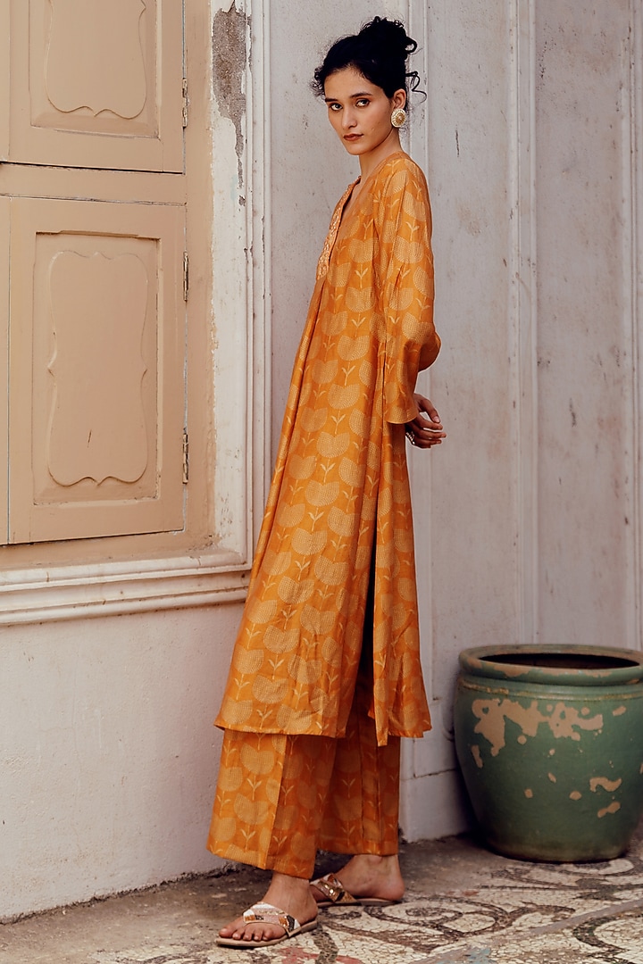 Rust Chanderi Printed Printed Kaftan Kurta Set by 17:17 at Pernia's Pop Up Shop