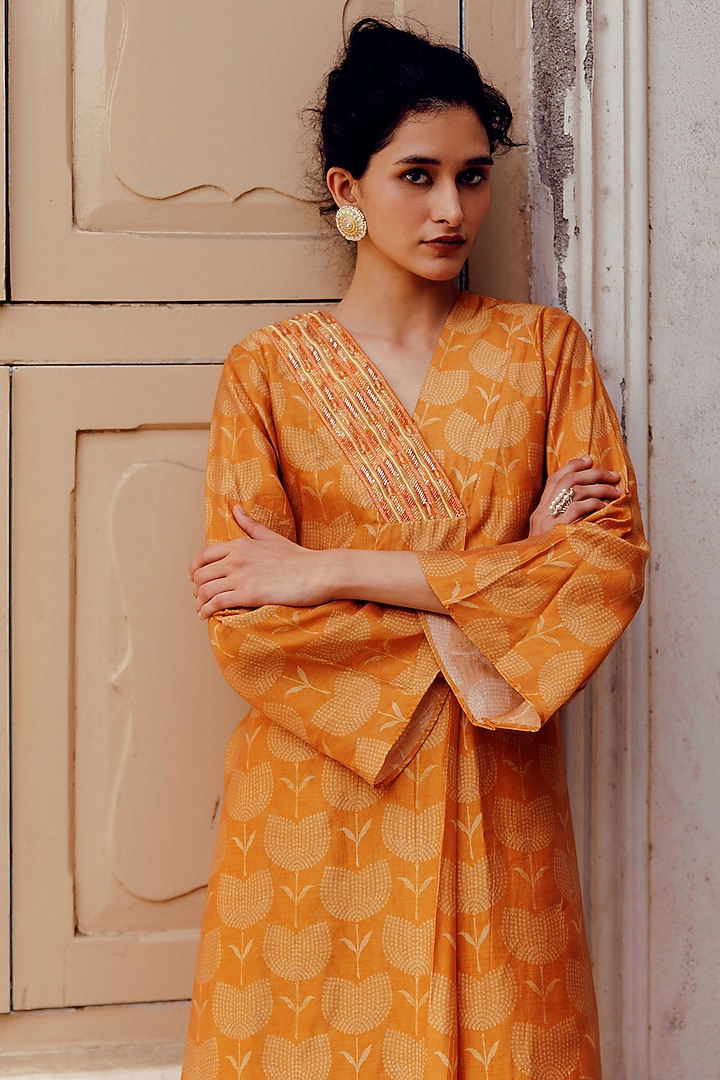 Rust Chanderi Printed Printed Kaftan Kurta Set by 17:17 at Pernia's Pop Up Shop