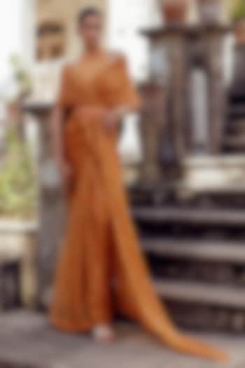 Rust Chanderi Bandhani Printed Party Wear Saree Set by 17:17 at Pernia's Pop Up Shop