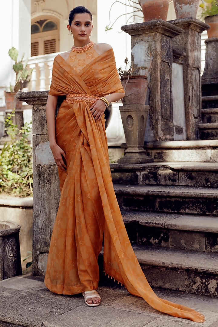 Rust Chanderi Bandhani Printed Party Wear Saree Set by 17:17 at Pernia's Pop Up Shop