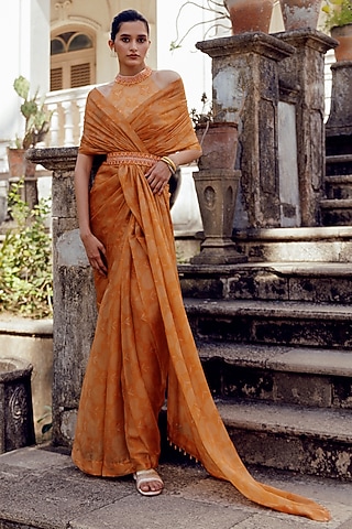 Rust Chanderi Bandhani Printed Saree Set by 17:17