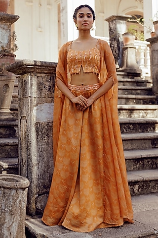 Rust Chanderi Printed Cape Set by 17:17