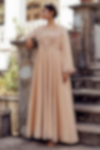 Beige Shimmer Hand Embroidered Wedding Anarkali Set by 17:17 at Pernia's Pop Up Shop