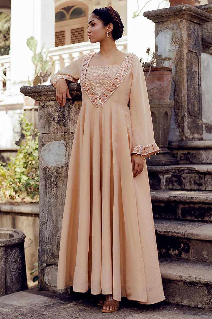 Beige Shimmer Hand Embroidered Wedding Anarkali Set by 17:17 at Pernia's Pop Up Shop