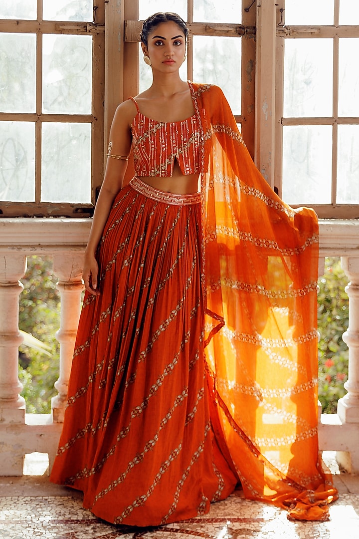 Orange Tabby Silk Embroidered & Printed Lehenga Set by 17:17 at Pernia's Pop Up Shop