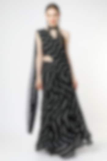 Black Tussar Silk Digital Printed Draped Skirt Wedding Saree Set by 17:17 at Pernia's Pop Up Shop
