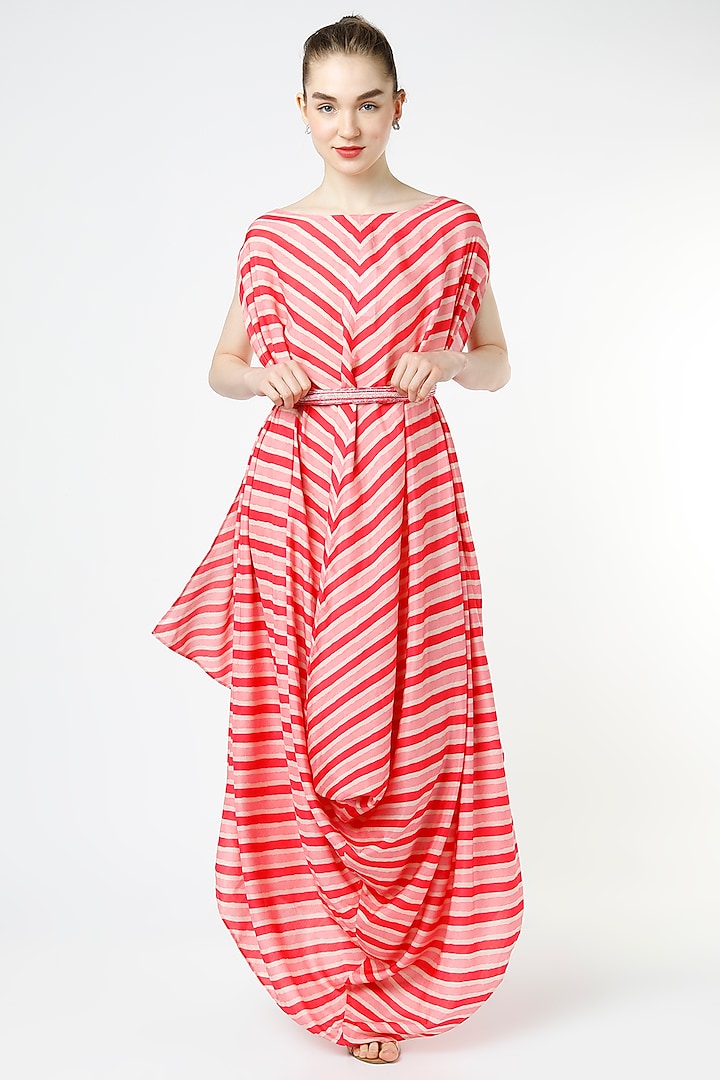 Fuschia Pink Leheriya Printed Party Wear Gown by 17:17 at Pernia's Pop Up Shop