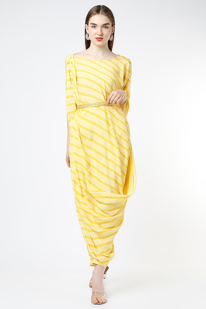 Yellow Leheriya Printed Vacation Dress With Belt by 17:17 at Pernia's Pop Up Shop