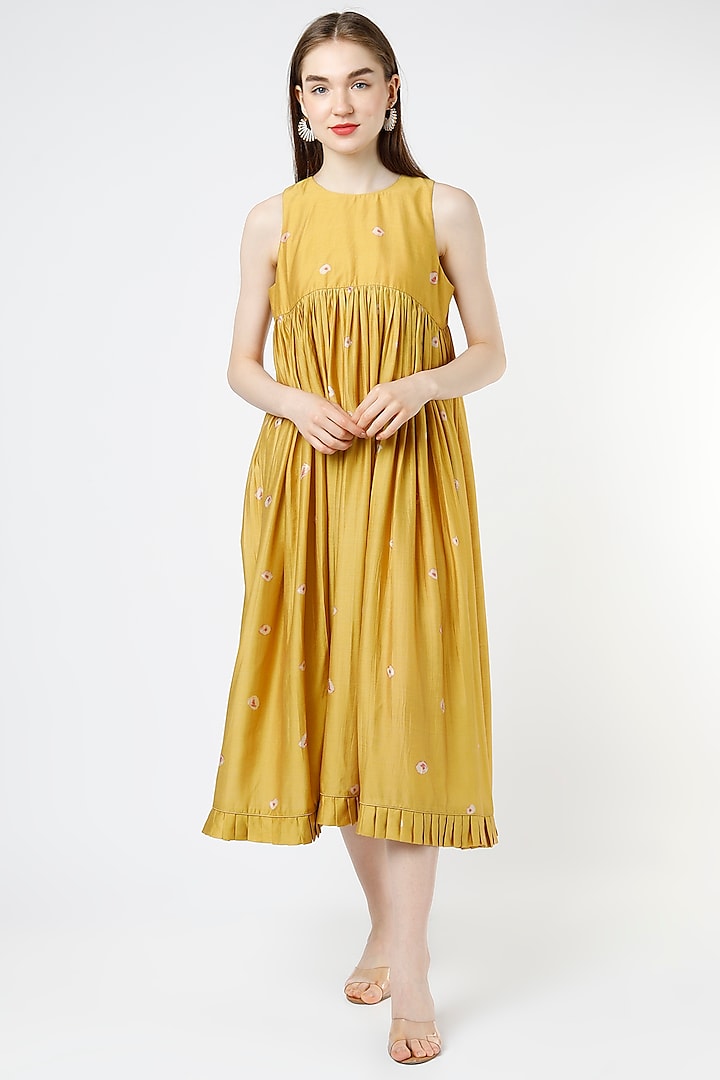 Yellow Tussar Silk Pleated Midi Dress by 17:17