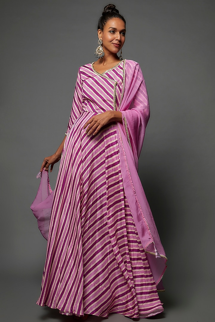 Purple Cotton Silk Printed & Embroidered Party Wear Anarkali Set by 17:17 at Pernia's Pop Up Shop