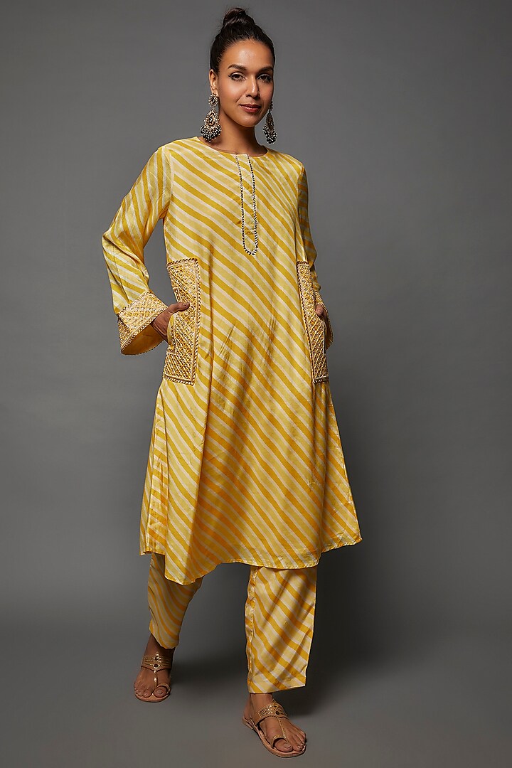 Yellow Cotton Silk Printed & Hand Embroidered Kurta Set by 17:17 at Pernia's Pop Up Shop
