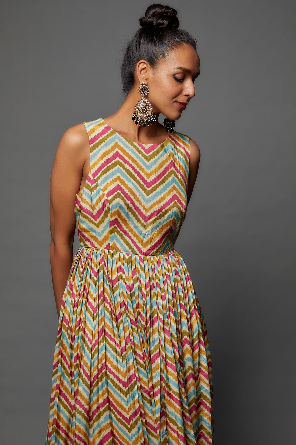 Multi-Coloured Printed Flared Dress With Belt