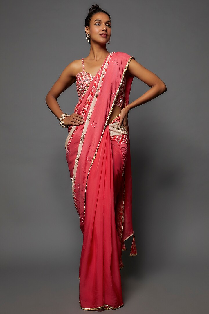 Pink Cotton Silk Hand Embroidered Saree Set by 17:17