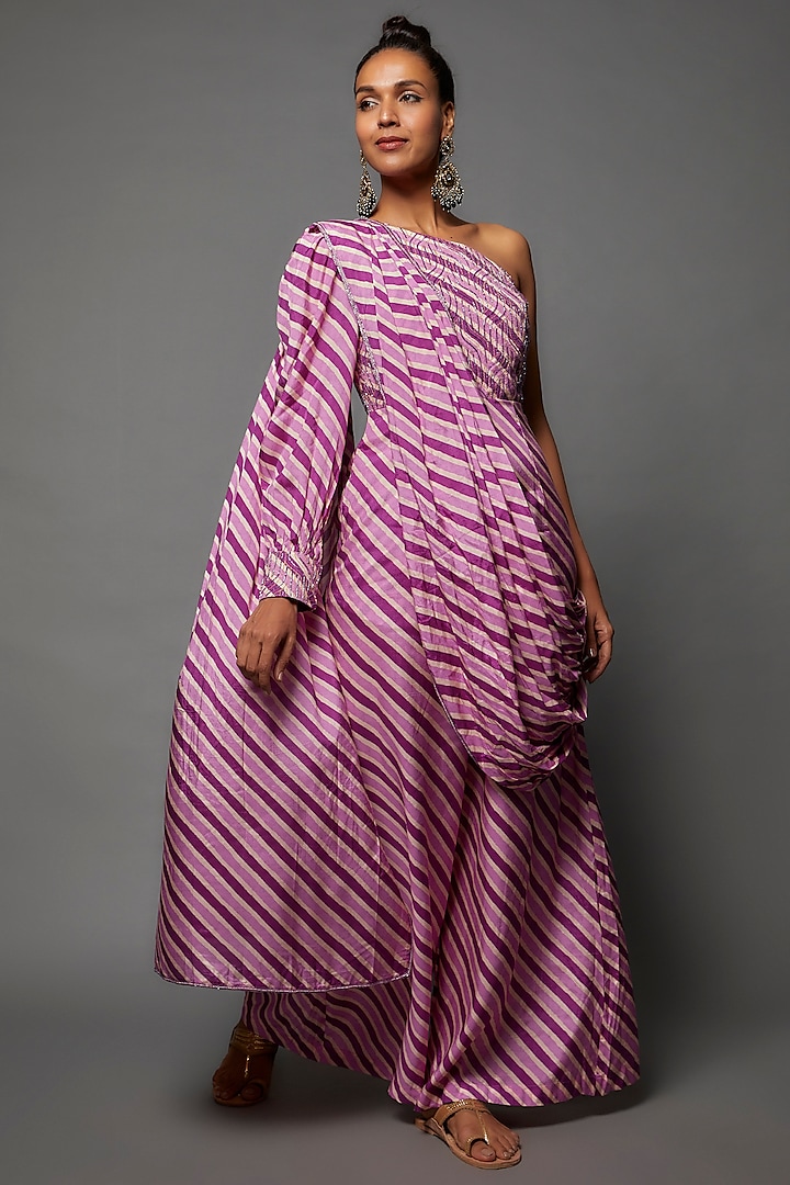 Purple Cotton Silk Leheriya Printed & Embroidered Jumpsuit by 17:17