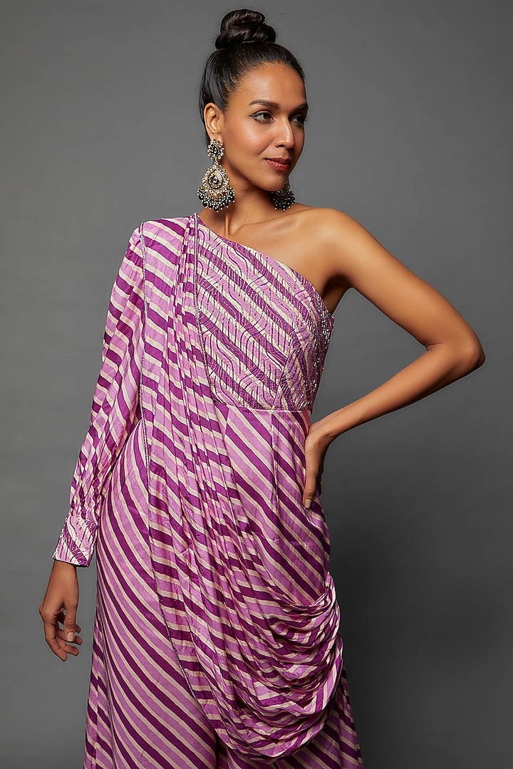 Purple Cotton Silk Leheriya Printed & Embroidered Jumpsuit by 17:17 at Pernia's Pop Up Shop