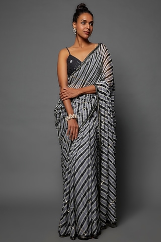 Black Organza Leheriya Printed & Hand Embroidered Saree Set by 17:17