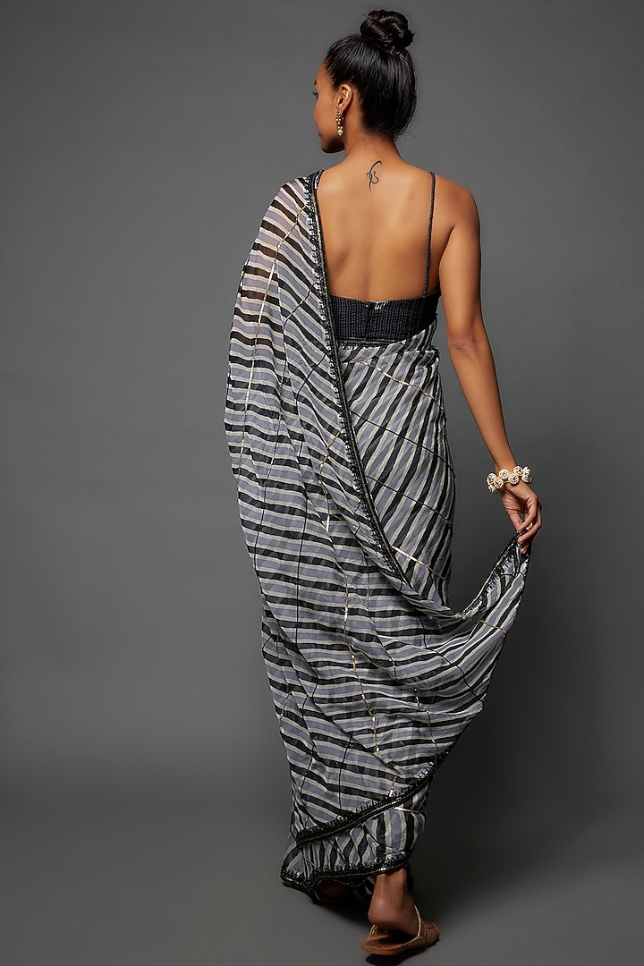 Black Organza Leheriya Printed & Hand Embroidered Wedding Saree Set by 17:17 at Pernia's Pop Up Shop