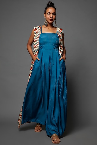 Teal Cotton Silk Jumpsuit With Jacket by 17:17
