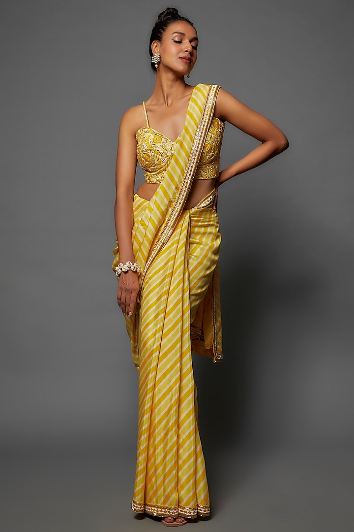 Yellow Cotton Silk Leheriya Printed & Embroidered Saree Set by 17:17