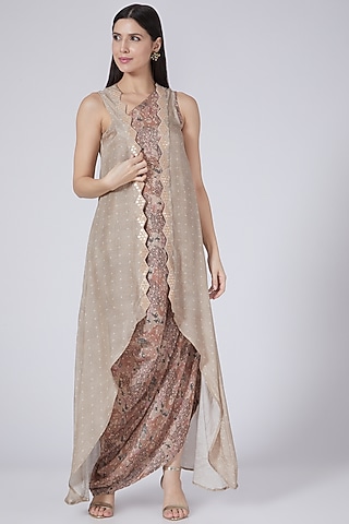 Beige Printed Dress With Cardigan by 17:17