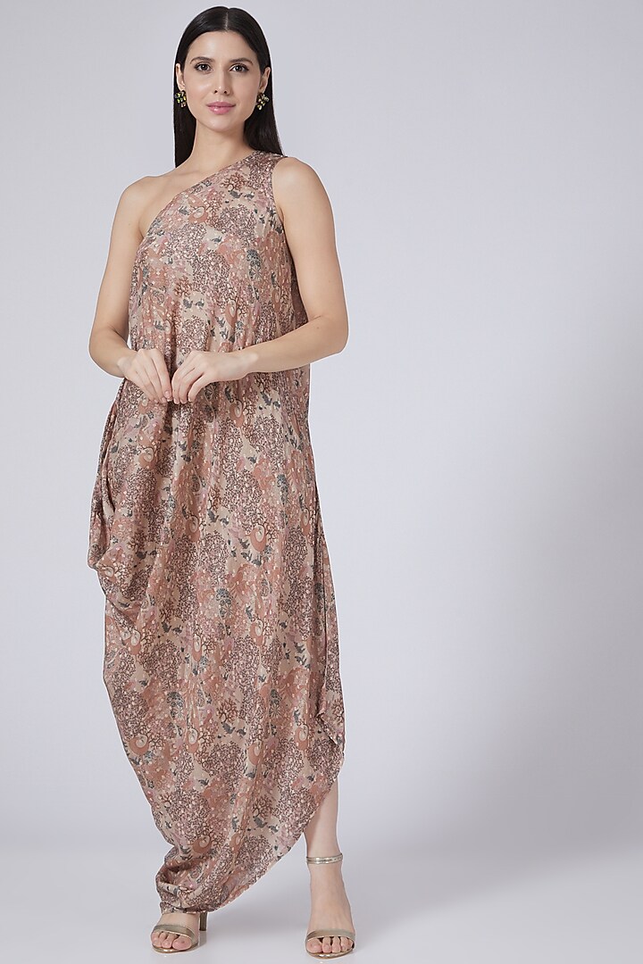 Beige Printed Vacation Dress With Cardigan by 17:17 at Pernia's Pop Up Shop