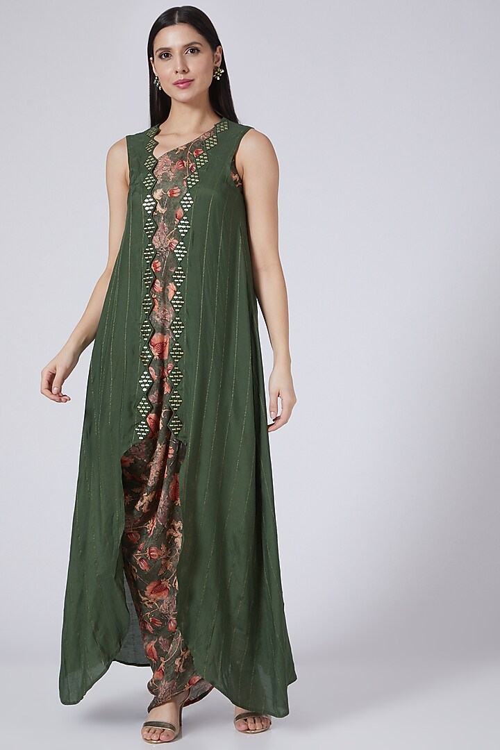 Olive Green Printed Cowl Vacation Dress With Jacket by 17:17 at Pernia's Pop Up Shop