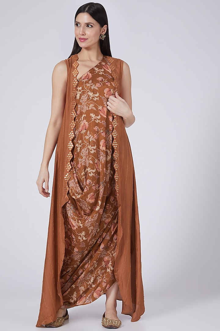 Brown Printed Cowl Dress With Jacket by 17:17