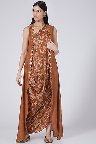Brown Printed Cowl Dress With Jacket by 17:17